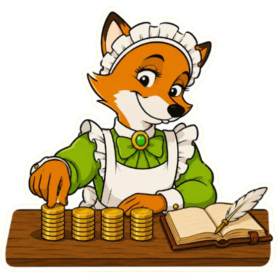 Marian dividing a pile of gold coins into equal stacks beside an open ledger